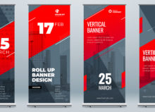 Red Business Roll Up Banner. Abstract Roll up background for Presentation. Vertical roll up, x-stand, exhibition display, Retractable banner stand or flag design layout for conference, forum.