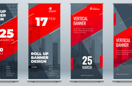 Red Business Roll Up Banner. Abstract Roll up background for Presentation. Vertical roll up, x-stand, exhibition display, Retractable banner stand or flag design layout for conference, forum.