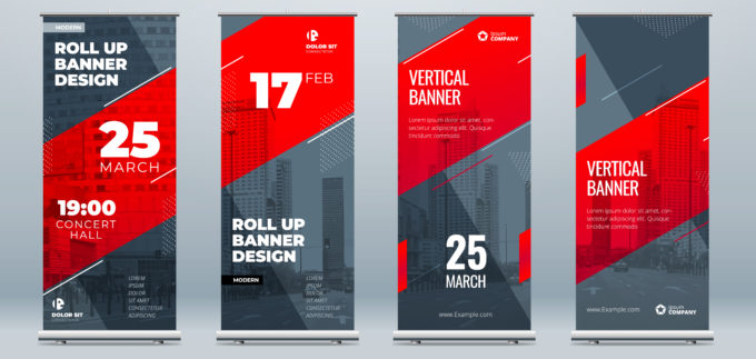 Red Business Roll Up Banner. Abstract Roll up background for Presentation. Vertical roll up, x-stand, exhibition display, Retractable banner stand or flag design layout for conference, forum.