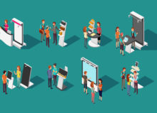 People standing at trade show expo graphic