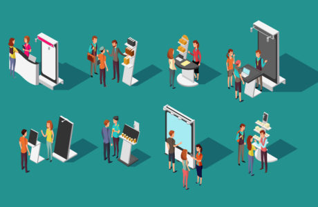People standing at trade show expo graphic